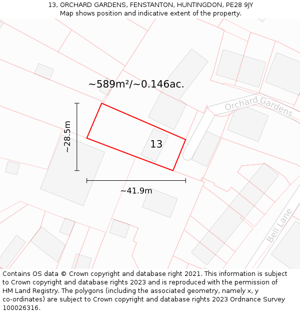 13, ORCHARD GARDENS, FENSTANTON, HUNTINGDON, PE28 9JY: Plot and title map