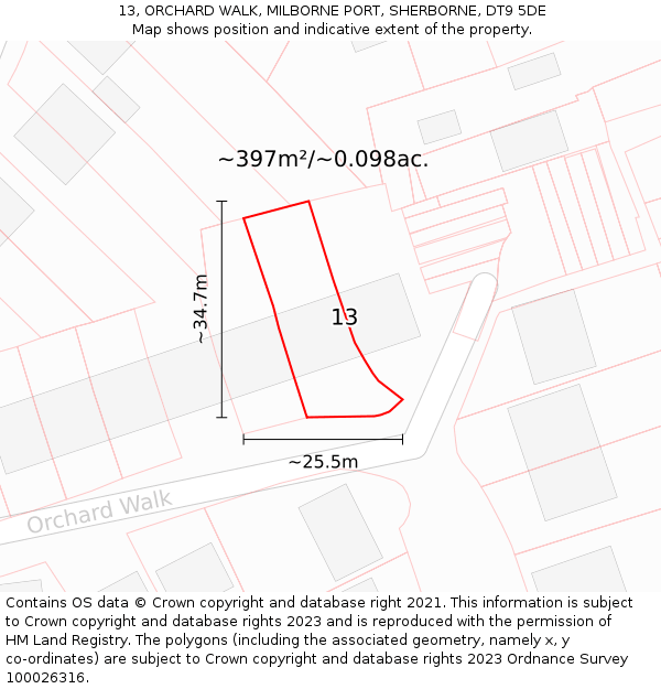 13, ORCHARD WALK, MILBORNE PORT, SHERBORNE, DT9 5DE: Plot and title map