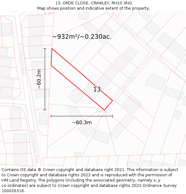 13, ORDE CLOSE, CRAWLEY, RH10 3NG: Plot and title map