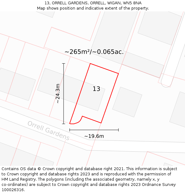 13, ORRELL GARDENS, ORRELL, WIGAN, WN5 8NA: Plot and title map