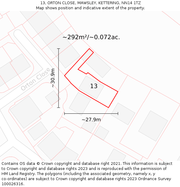 13, ORTON CLOSE, MAWSLEY, KETTERING, NN14 1TZ: Plot and title map