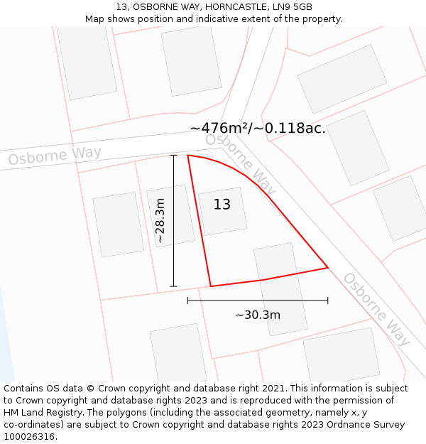 13, OSBORNE WAY, HORNCASTLE, LN9 5GB: Plot and title map