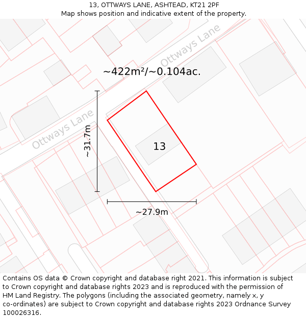 13, OTTWAYS LANE, ASHTEAD, KT21 2PF: Plot and title map