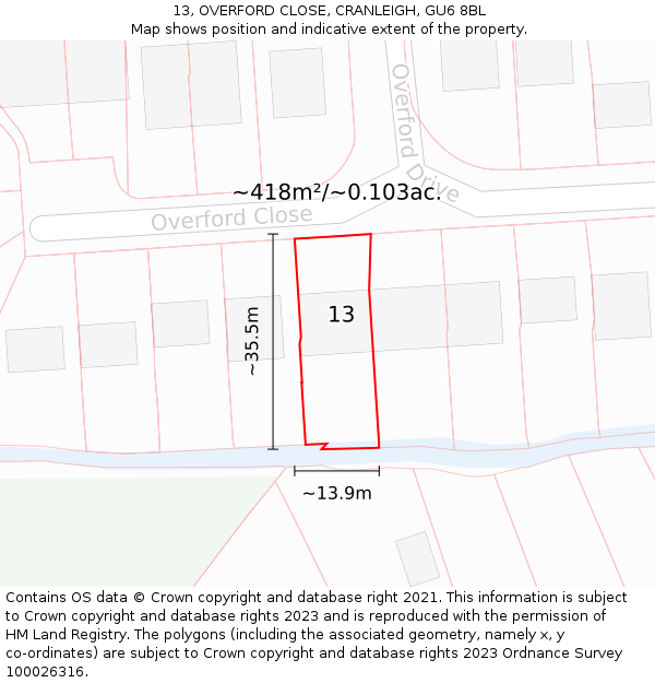 13, OVERFORD CLOSE, CRANLEIGH, GU6 8BL: Plot and title map