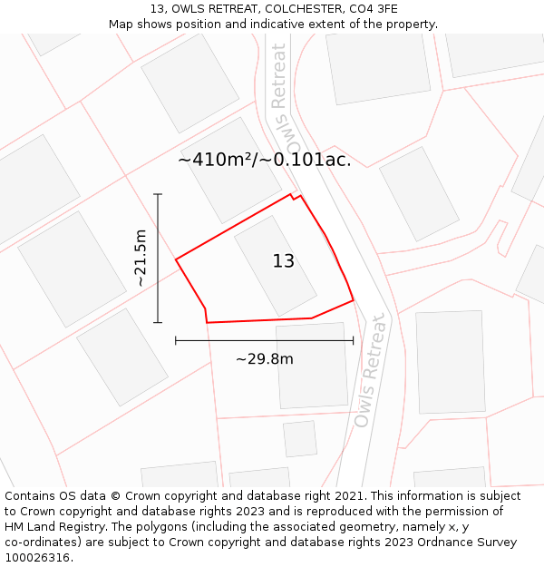 13, OWLS RETREAT, COLCHESTER, CO4 3FE: Plot and title map