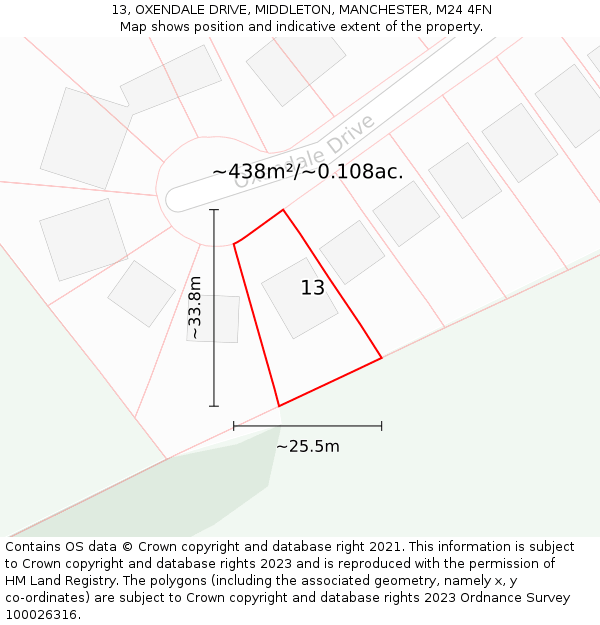 13, OXENDALE DRIVE, MIDDLETON, MANCHESTER, M24 4FN: Plot and title map