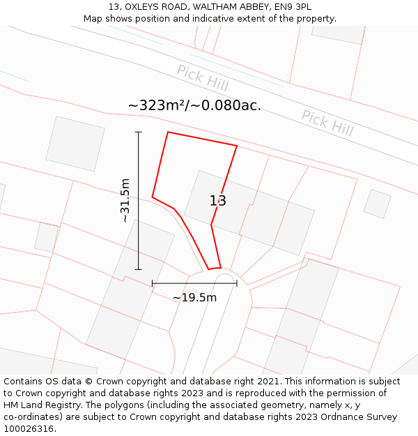 13, OXLEYS ROAD, WALTHAM ABBEY, EN9 3PL: Plot and title map