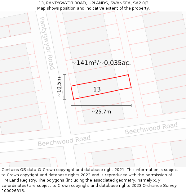 13, PANTYGWYDR ROAD, UPLANDS, SWANSEA, SA2 0JB: Plot and title map