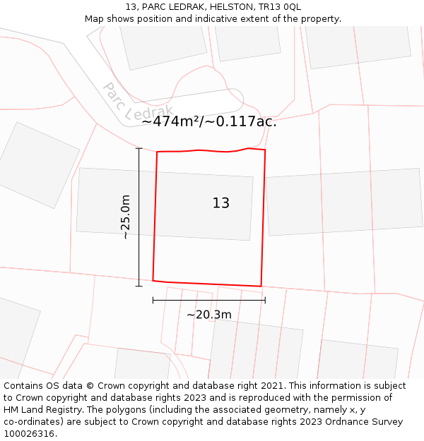 13, PARC LEDRAK, HELSTON, TR13 0QL: Plot and title map