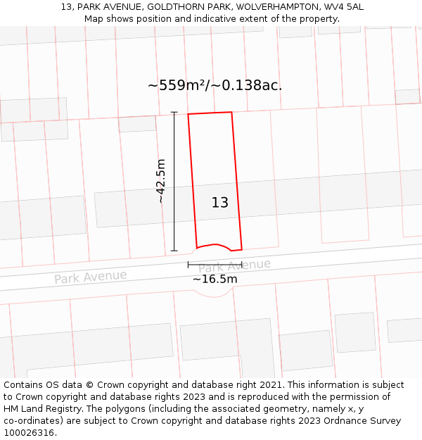 13, PARK AVENUE, GOLDTHORN PARK, WOLVERHAMPTON, WV4 5AL: Plot and title map