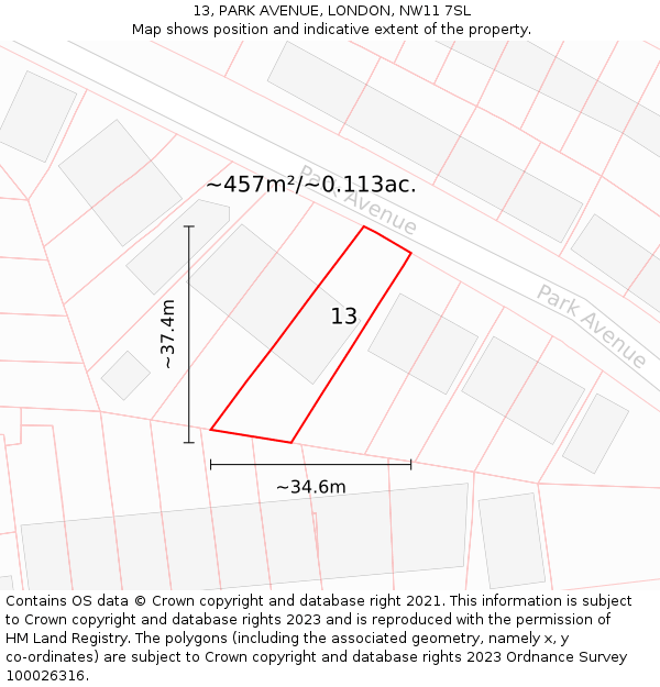 13, PARK AVENUE, LONDON, NW11 7SL: Plot and title map