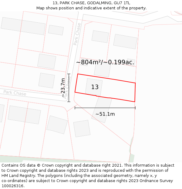 13, PARK CHASE, GODALMING, GU7 1TL: Plot and title map