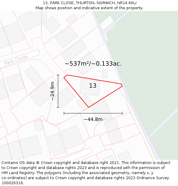 13, PARK CLOSE, THURTON, NORWICH, NR14 6AU: Plot and title map