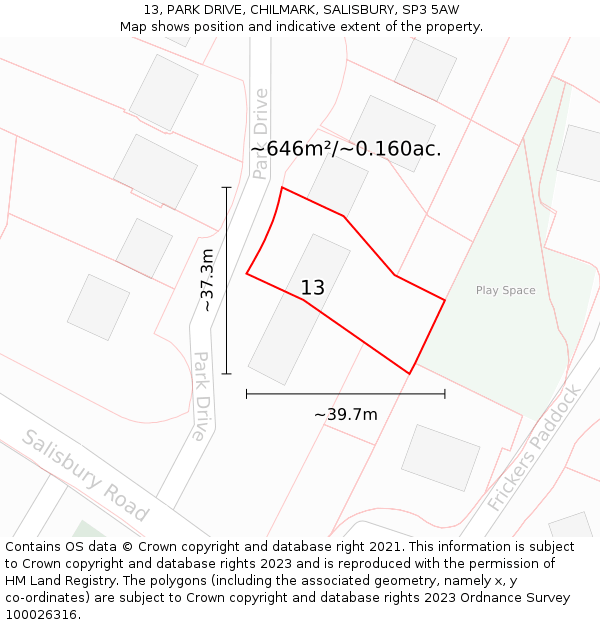 13, PARK DRIVE, CHILMARK, SALISBURY, SP3 5AW: Plot and title map