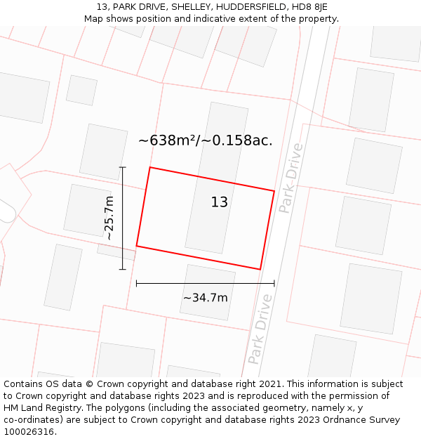 13, PARK DRIVE, SHELLEY, HUDDERSFIELD, HD8 8JE: Plot and title map