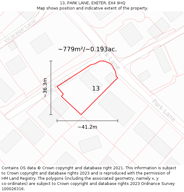 13, PARK LANE, EXETER, EX4 9HQ: Plot and title map