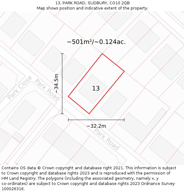 13, PARK ROAD, SUDBURY, CO10 2QB: Plot and title map