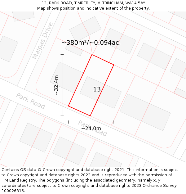 13, PARK ROAD, TIMPERLEY, ALTRINCHAM, WA14 5AY: Plot and title map