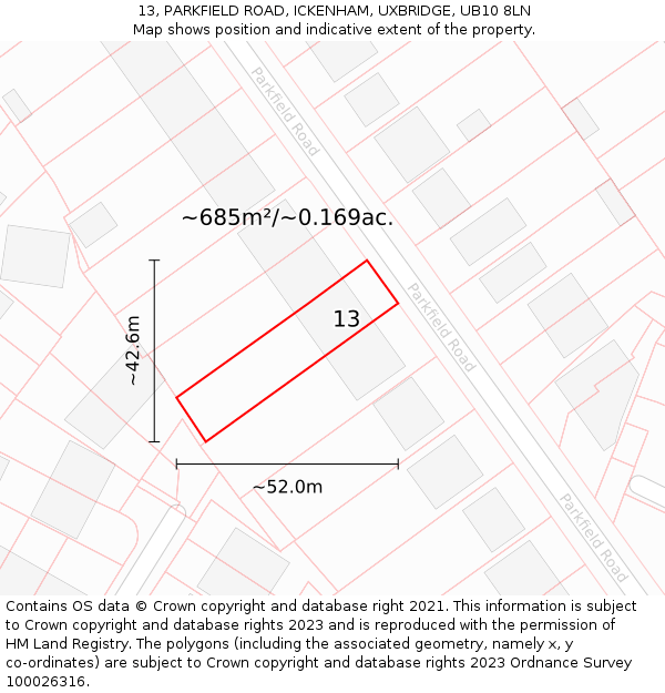 13, PARKFIELD ROAD, ICKENHAM, UXBRIDGE, UB10 8LN: Plot and title map