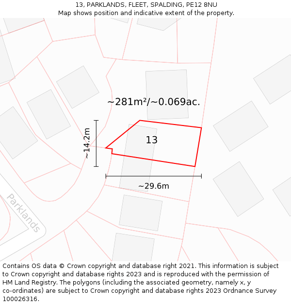 13, PARKLANDS, FLEET, SPALDING, PE12 8NU: Plot and title map