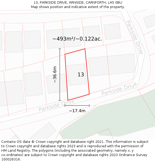 13, PARKSIDE DRIVE, ARNSIDE, CARNFORTH, LA5 0BU: Plot and title map