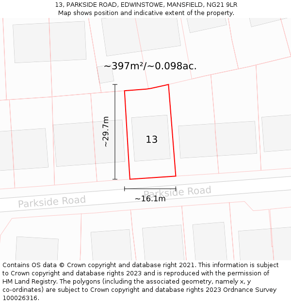 13, PARKSIDE ROAD, EDWINSTOWE, MANSFIELD, NG21 9LR: Plot and title map