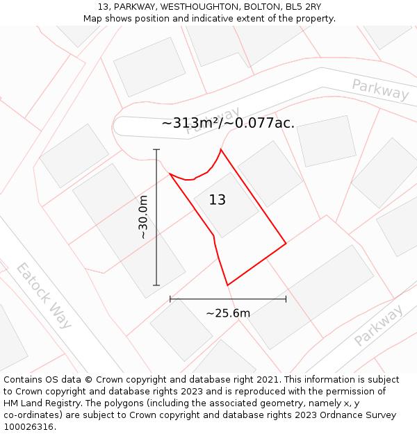 13, PARKWAY, WESTHOUGHTON, BOLTON, BL5 2RY: Plot and title map