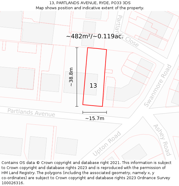 13, PARTLANDS AVENUE, RYDE, PO33 3DS: Plot and title map