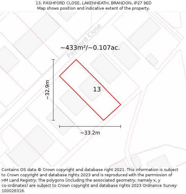 13, PASHFORD CLOSE, LAKENHEATH, BRANDON, IP27 9ED: Plot and title map
