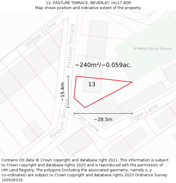 13, PASTURE TERRACE, BEVERLEY, HU17 8DR: Plot and title map