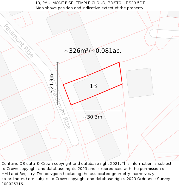 13, PAULMONT RISE, TEMPLE CLOUD, BRISTOL, BS39 5DT: Plot and title map