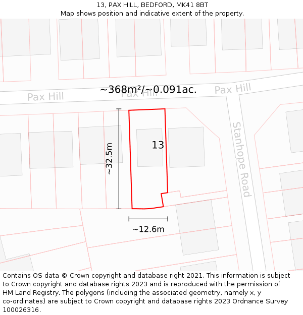 13, PAX HILL, BEDFORD, MK41 8BT: Plot and title map