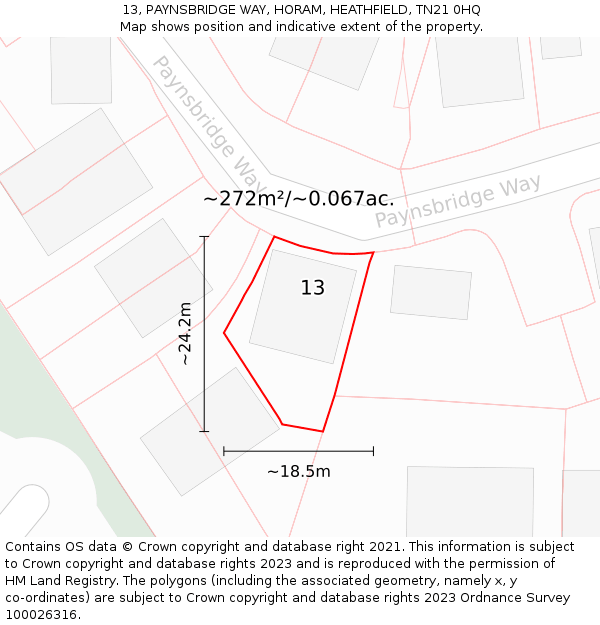 13, PAYNSBRIDGE WAY, HORAM, HEATHFIELD, TN21 0HQ: Plot and title map
