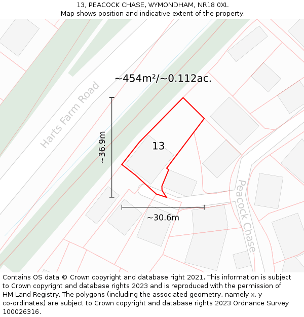 13, PEACOCK CHASE, WYMONDHAM, NR18 0XL: Plot and title map