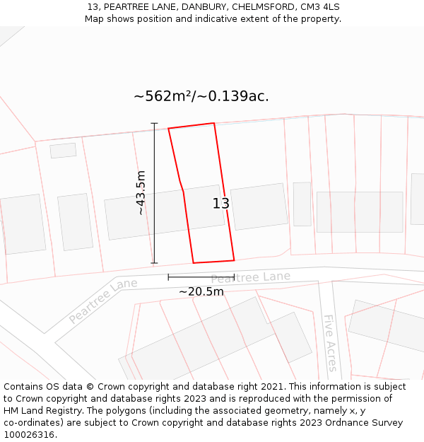 13, PEARTREE LANE, DANBURY, CHELMSFORD, CM3 4LS: Plot and title map