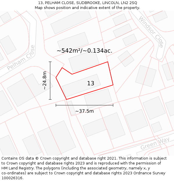 13, PELHAM CLOSE, SUDBROOKE, LINCOLN, LN2 2SQ: Plot and title map