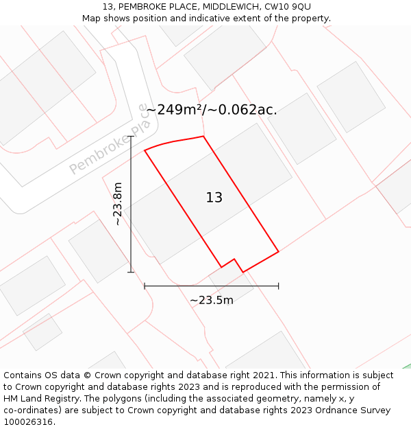 13, PEMBROKE PLACE, MIDDLEWICH, CW10 9QU: Plot and title map