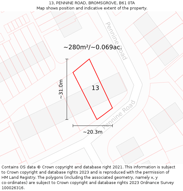 13, PENNINE ROAD, BROMSGROVE, B61 0TA: Plot and title map