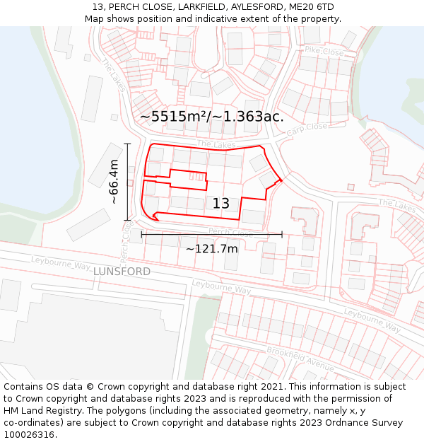 13, PERCH CLOSE, LARKFIELD, AYLESFORD, ME20 6TD: Plot and title map
