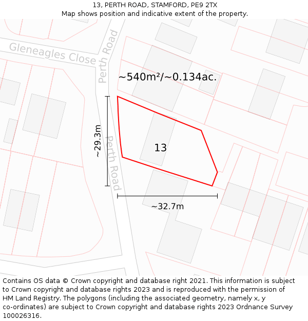 13, PERTH ROAD, STAMFORD, PE9 2TX: Plot and title map