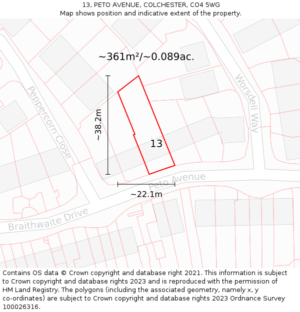 13, PETO AVENUE, COLCHESTER, CO4 5WG: Plot and title map