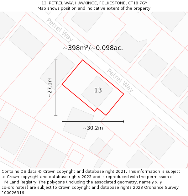 13, PETREL WAY, HAWKINGE, FOLKESTONE, CT18 7GY: Plot and title map