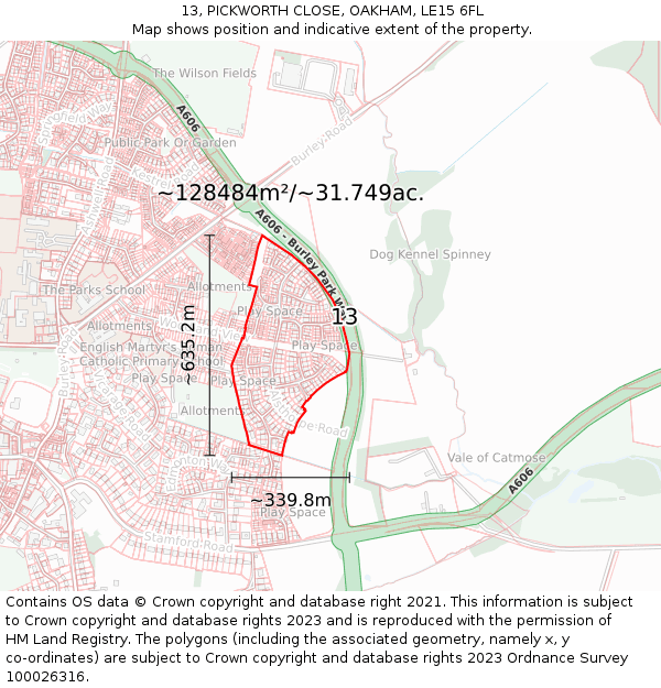13, PICKWORTH CLOSE, OAKHAM, LE15 6FL: Plot and title map