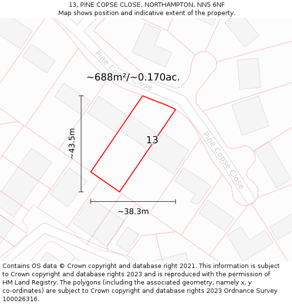 13, PINE COPSE CLOSE, NORTHAMPTON, NN5 6NF: Plot and title map