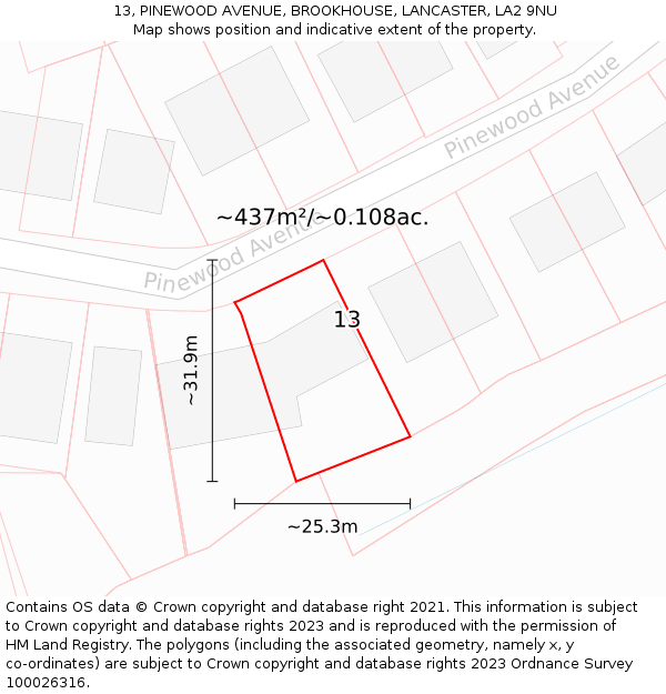 13, PINEWOOD AVENUE, BROOKHOUSE, LANCASTER, LA2 9NU: Plot and title map