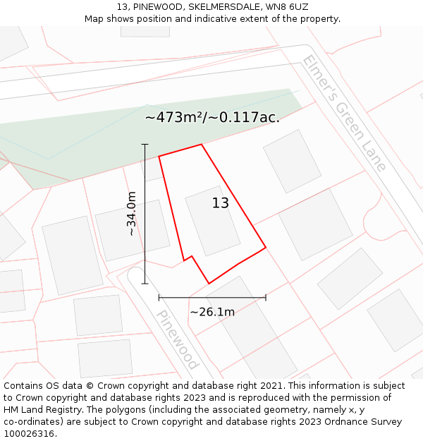 13, PINEWOOD, SKELMERSDALE, WN8 6UZ: Plot and title map