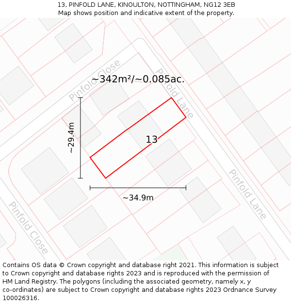 13, PINFOLD LANE, KINOULTON, NOTTINGHAM, NG12 3EB: Plot and title map