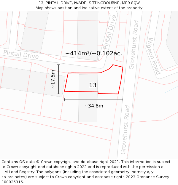 13, PINTAIL DRIVE, IWADE, SITTINGBOURNE, ME9 8QW: Plot and title map