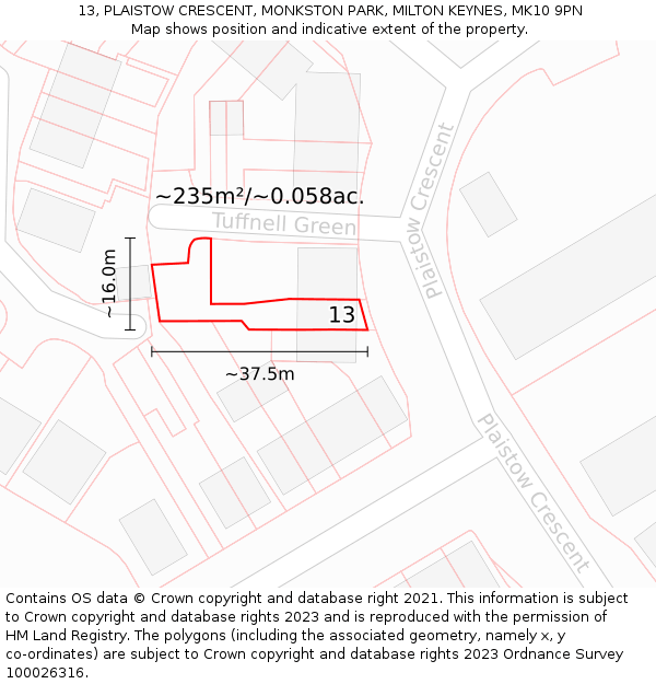 13, PLAISTOW CRESCENT, MONKSTON PARK, MILTON KEYNES, MK10 9PN: Plot and title map