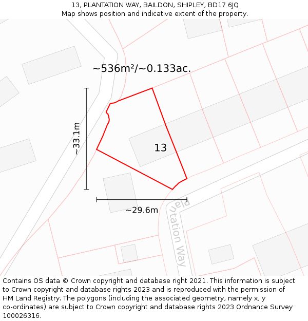 13, PLANTATION WAY, BAILDON, SHIPLEY, BD17 6JQ: Plot and title map